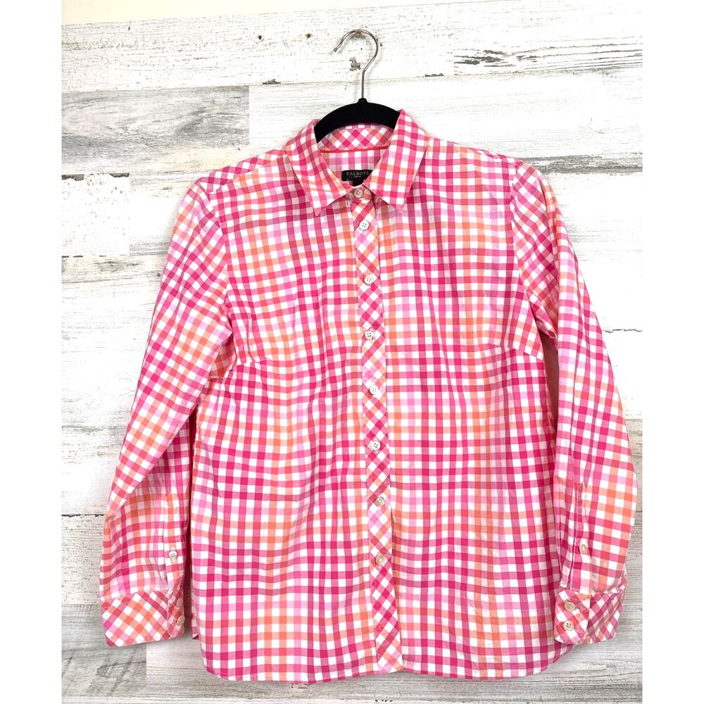 Talbots Womens M Petite Pink Orange Plaid Cotton Button Up Coastal Shirt Casual